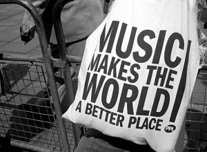 bag, black and white, music, quote, world