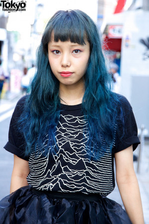 by her ombre blue hair with bangs when we spotted her in Harajuku