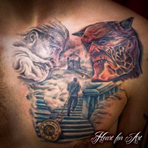 heaven and hell religious chest tattoo