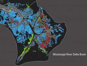 Landsat-derived map of Mississippi River Delta land area change. Red ...
