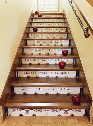 Tiled #stair risers with #religious quotes and detailing