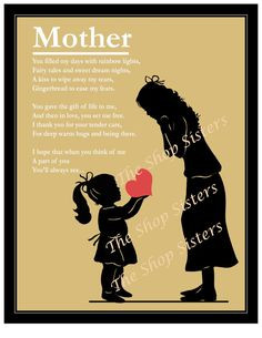 Mother and Daughter Mother's Poem Heart Silhouette Wheat Black 8x10 ...