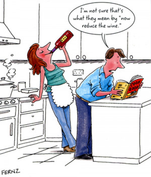 Reducing the wine by drinking straight from the bottle cartoon.