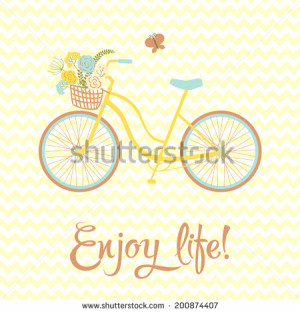 chevron card with cute cartoon bike with flowers in basket. Enjoy life ...