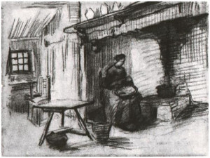 ... Gogh's Interior with Peasant Woman Sitting near the Fireplace Drawing