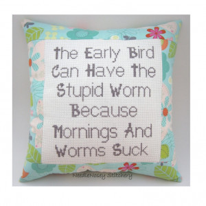 Funny Cross Stitch Pillow Quote, Pastel and Light Gray Pillow, Early ...
