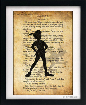 Peter Pan & Wendy Shadow Art Book Print - A4 or A3 Large Vintage Page ...