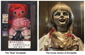 The actual Annabelle demon doll (left) and the movie version (right)