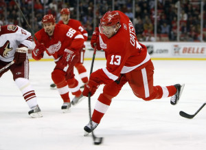 Pavel Datsyuk 13 of the Detroit Red Wings takes a slap shot during a ...