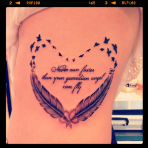 Pretty feather and quote tattoo lettering