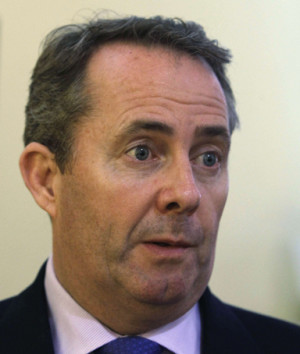 British defence secretary Liam Fox reacts as he speaks to journalists ...
