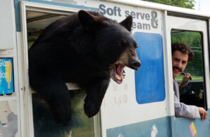 Borat and a bear in an ice cream truck.