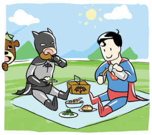 Batman, Superman, best, friends, picnic, yogi, bear
