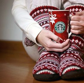 red slipper socks and Starbucks holiday cup!