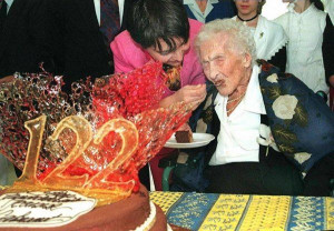Jeanne Calment enjoys a chocolate cake on her 122nd birthday, in Arles ...