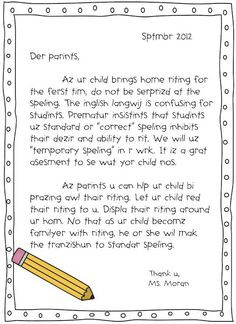 Great letter to parents about spelling in early grades! Spotted in ...