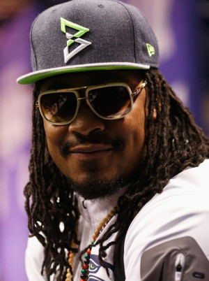 Marshawn Lynch #24 of the Seattle Seahawks addresses the media at ...