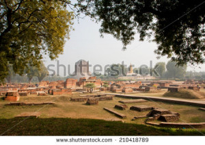 JAN 5: Panorama with archeological site at Sarnath ruins and Buddhist ...