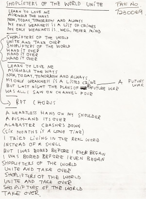 Morrissey’s handwritten lyrics to “Shoplifters of the world unite ...