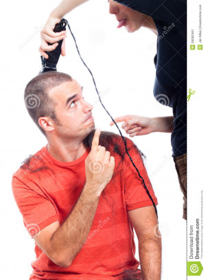 Funny hairdresser shaving men with hair trimmer, isolated on white ...