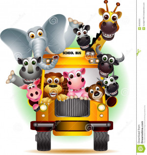 Vector illustration of funny animal on yellow school bus.