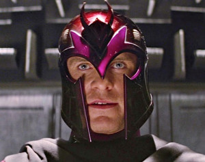 Michael Fassbender closeup at magneto helmet on