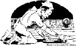 Image of Sailor scrubbing deck with Holystone