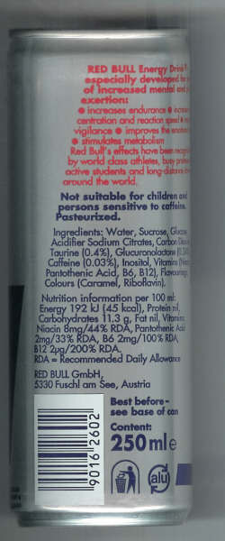 Red Bull Ingredients Label