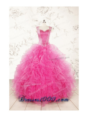 2015 pretty straps hot pink quinceanera dresses with beading