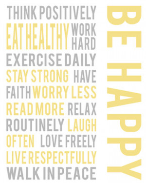 Gray white gold yellow wall art, Be happy positive life quotes ...