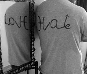 gray, guy, hate, love, mirror, shirt