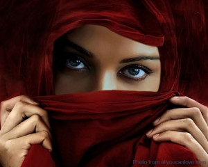 pretty Muslim woman red veil hijab