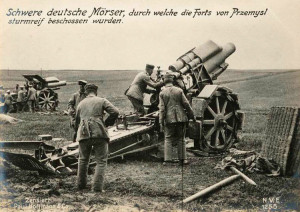Heavy German mortars firing on Przemysl forts before the attack.
