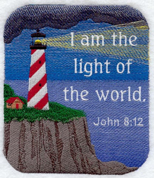 lighthouse scene with the Bible verse: I am the light of the world.