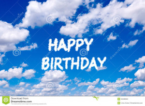 Happy birthday sign clouds on the clear blue sky.