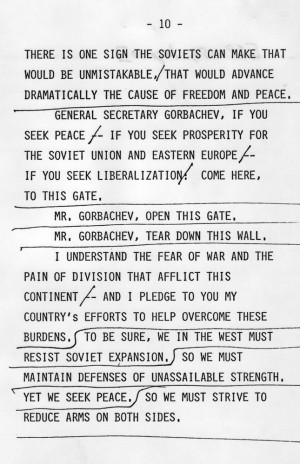 page from President Reagan’s famous speech at the Berlin Wall in ...