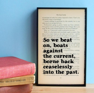 The Great Gatsby quote 'So we beat on' vintage book page framed print