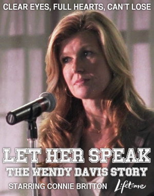 Poster shows Connie Britton speaking at a microphone. Tex reads: Clear ...