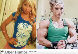 startling before and after of a woman on steroids