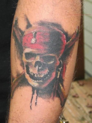Grey Ink Pirate Skull With Arrow Tattoo
