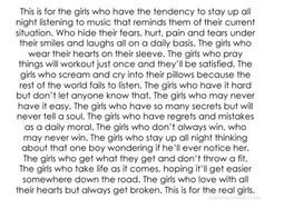 This is for the girls..... The girls like me. Keep on going; if I can ...