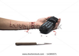 bloody knife and a cut wrist, isolated on white with a telephone and ...