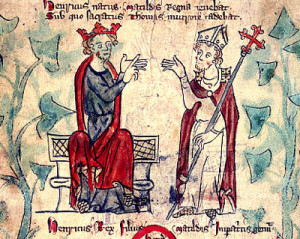 St. Thomas Becket, right , faces King Henry II in a dispute