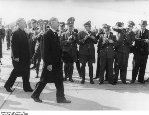 Neville Chamberlain and Joachim von Ribbentrop at the Köln airport ...