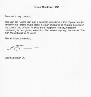Bruce Cockburn OC on the Sam the Record Man Sign: