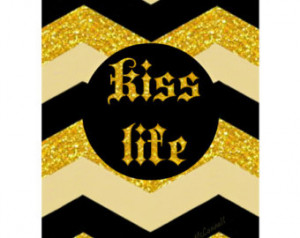 Kiss Life Chevron Print Typography Art Deco Gold Black Off White ...