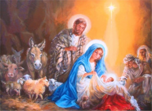 Depiction of the Nativity with Mary, Joseph, Jesus, the shepherds ...