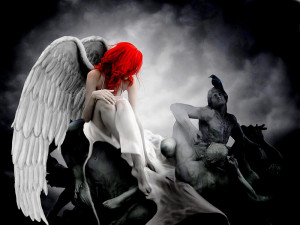 angels women wings birds redheads statues selective coloring ravens ...