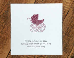 ... New Parents - Sweet Baby Quote - Vintage Pram Illustration - Red Card