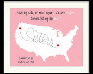 ... Print, Long Distance Love, Sisters Map, Sister Gift, Sister Birthday